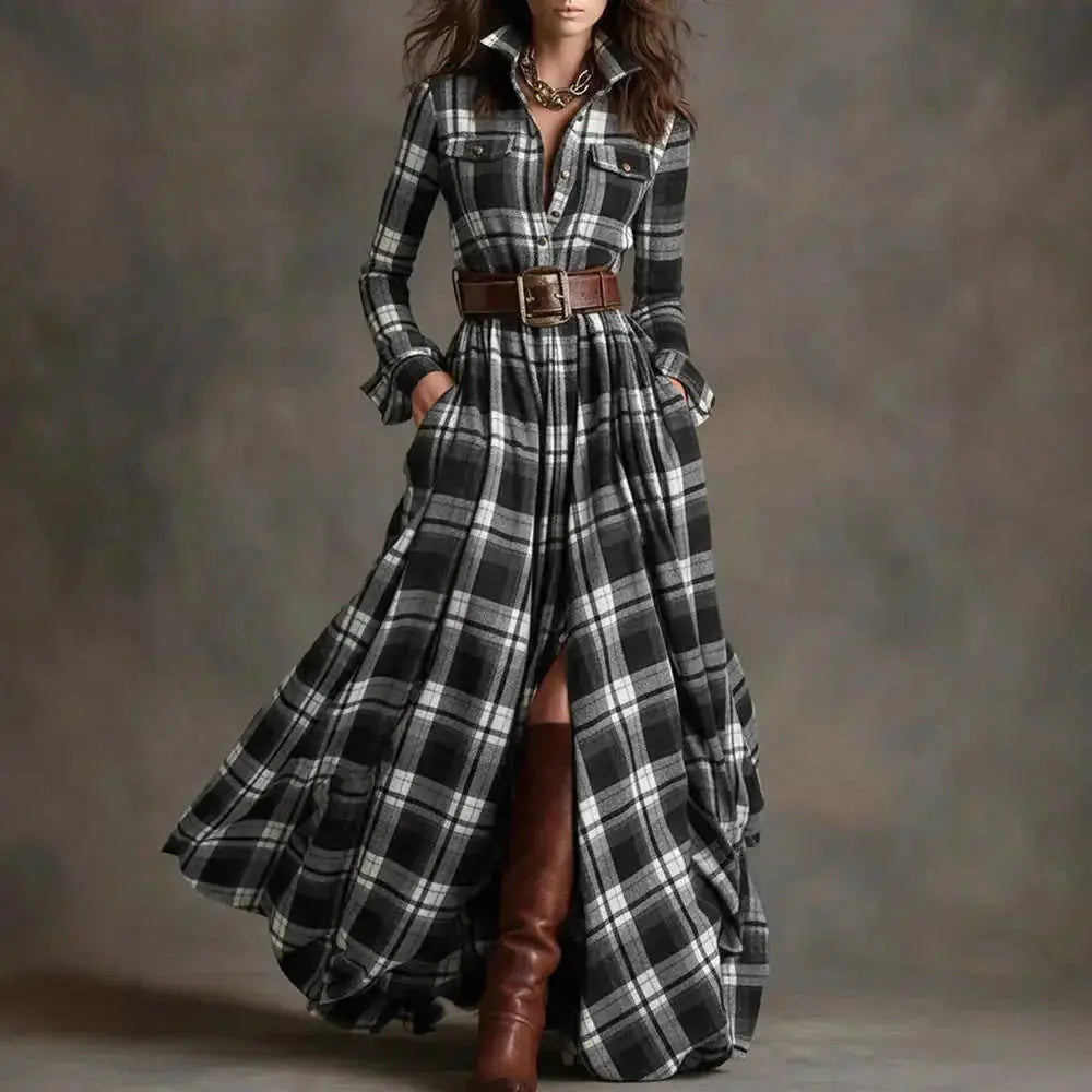 French Retro Plaid Dress - Plus Size Belted Waist Irregular Hem Dress Meifu Market
