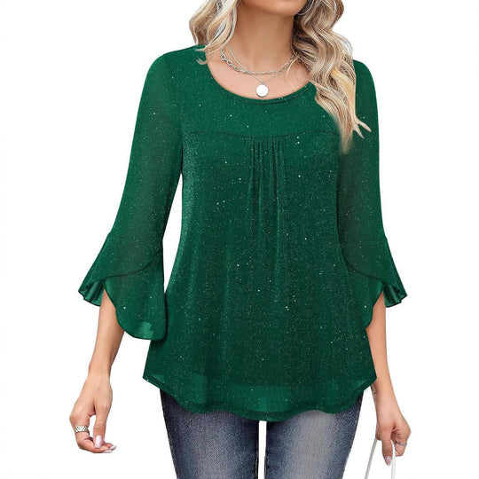 Women's Mesh Patchwork Ruched Flare-Sleeve Top - Meifu Market