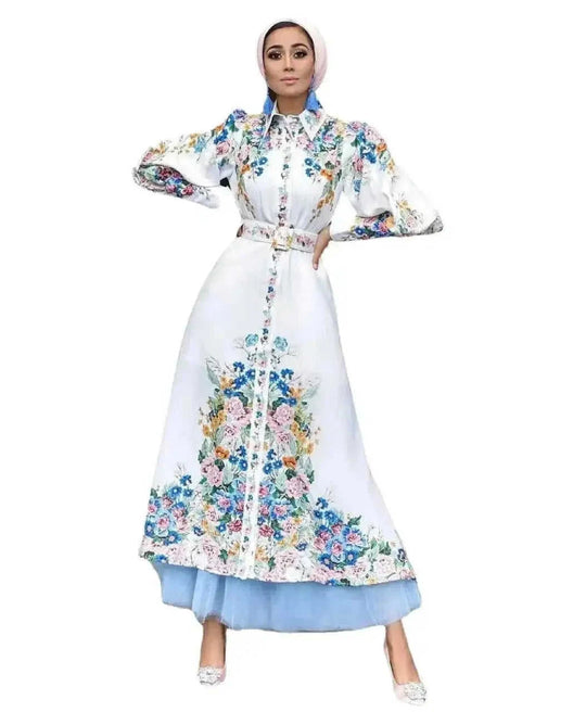 floral print maxi dress | puff sleeve lapel collar | button front long dress | ultrasonic cleaning