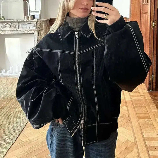 Loose Fashion Lapel Zip-up Jacket Cool Long Sleeve Zipper Closure Moto Biker Leather Jacket Womens Clothing Meifu Market