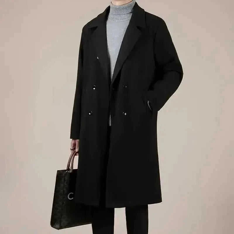 wool blend trench coat | mid-length winter coat | korean style overcoat | ultrasonic cleaning