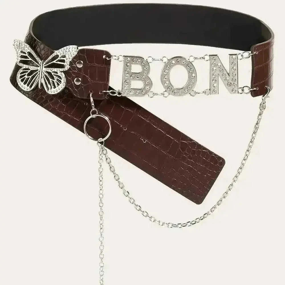 American Retro Decoration Butterfly Drill Buckle Personality Belt - side view (material: leather | color: pink | pattern:...