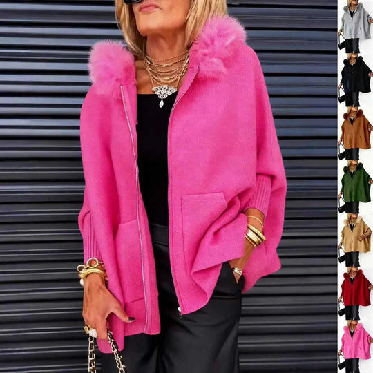 Ins Plush Hooded Cardigan Fashion Warm Pockets Zip-up Knitted Jacket Casual Outerwear Batwing Sleeve Sweater Women's Cloth...
