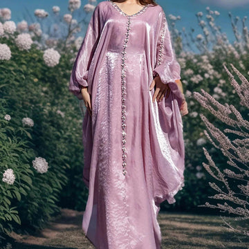 hand-stitched beaded dress | embroidered batwing sleeve cloak | arabic traditional evening gown | energy saving