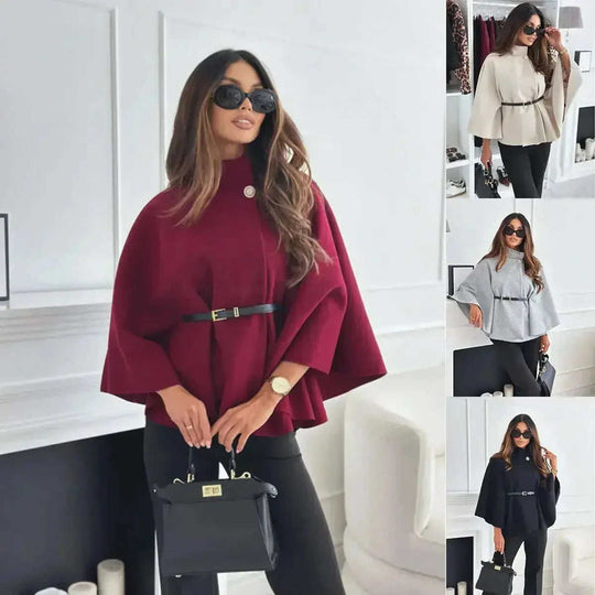 New Stand Collar Batwing Sleeves Cloak Top With Belt Ins Fashion Temperament Jacket Woolen Sweater Outwear For Women Cloth...