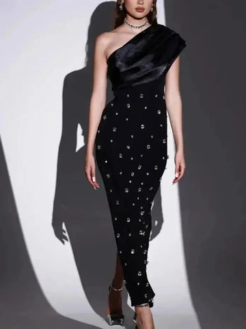 off-shoulder evening dress | black diamond evening gown | formal event dress | energy saving