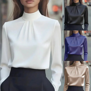 Women's Solid Color Long Sleeve Turtleneck Shirt, Pleated Detail Blouse For Office Wear And Formal Occasions Meifu Market