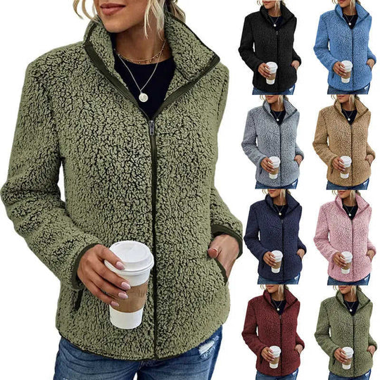 Fall Winter Warm Sweatshirt Stand Collar Solid Color Top Sweater Women's Casual Fashion Long Sleeve Zipper Bubble Velvet Coat Tops Meifu Market