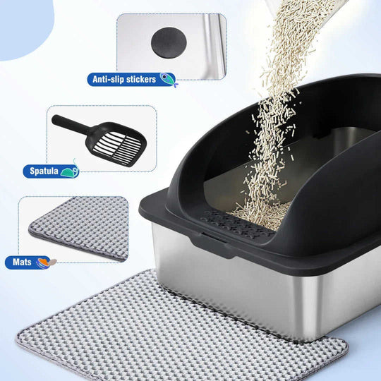 Stainless Steel Cat Litter Box with Lid - XL for Large Cats + Mat Meifu Market