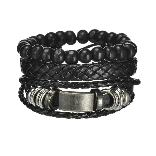 braided leather bracelet for men | vintage charm wood beads | adjustable wrap wristband | ultrasonic cleaning