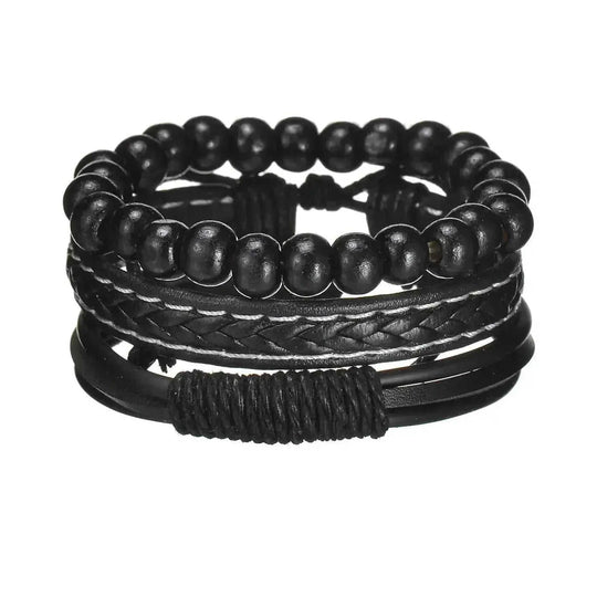 braided leather bracelet for men | vintage charm wood beads | adjustable wrap wristband | ultrasonic cleaning