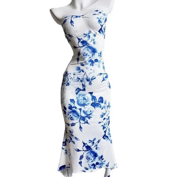 blue and white porcelain print | tube top sheath dress | elegant evening wear | ultrasonic cleaning
