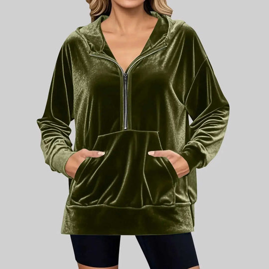 Loose Long Sleeve Zipper Pocket Pleuche Top Women Purple - color variant display