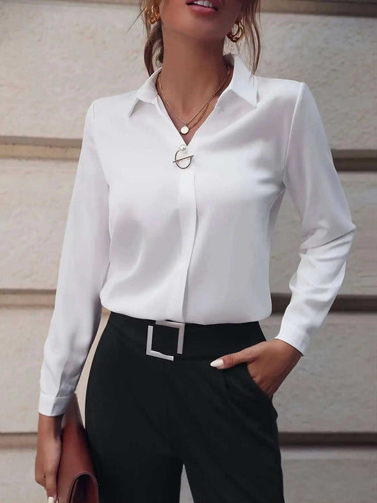 Commuter V-neck Long-sleeved Shirts Ins Fashion Solid Color Pullover Top Autumn And Spring Women's Clothing Meifu Market