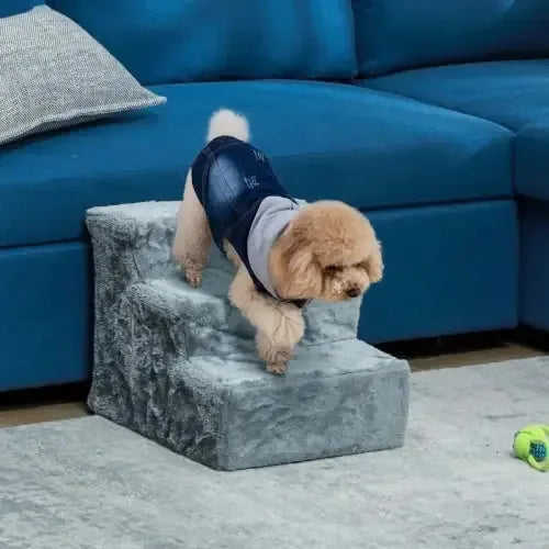 PawHut Three-Step Dog Stairs, With Washable Plush Cover, For High Bed Sofa, Dog Stairs For Small Dog And Cat - Light Grey Meifu Market
