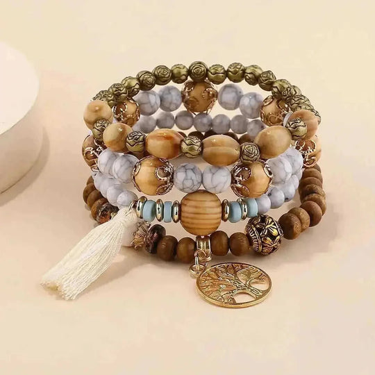 elastic bangle bracelet set | wooden beads jewelry | adjustable tree of life bracelet | ultrasonic cleaning