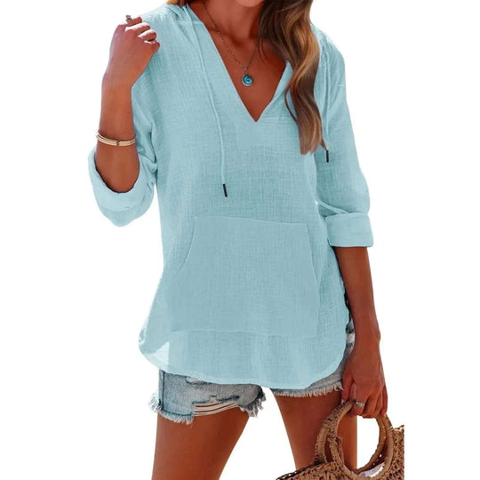 V-neck Hooded Shirt With Pockets Fashion Sports Long-sleeved Split Shirts Tops For Women Clothing Meifu Market