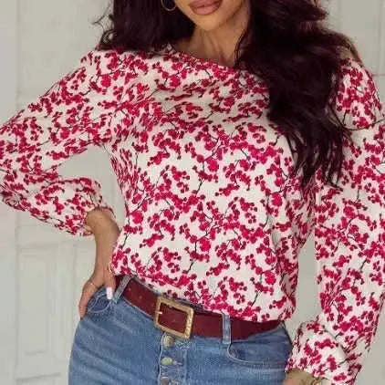 red floral print blouse | long sleeve open back top | chiffon material blouse | ultrasonic cleaning