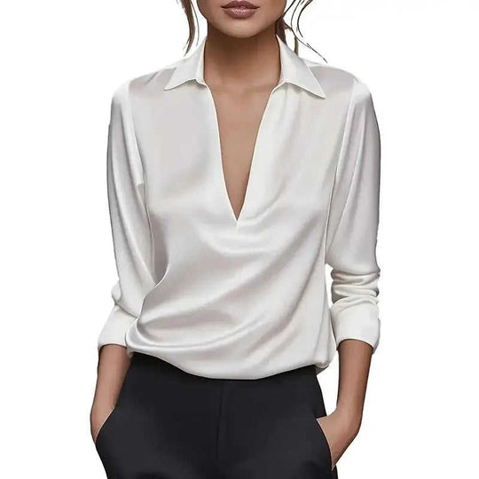 Elegant Women's V-Neck Long Sleeve Blouse With Satin Sheen Solid Color Formal Shirt For Spring Fall Meifu Market