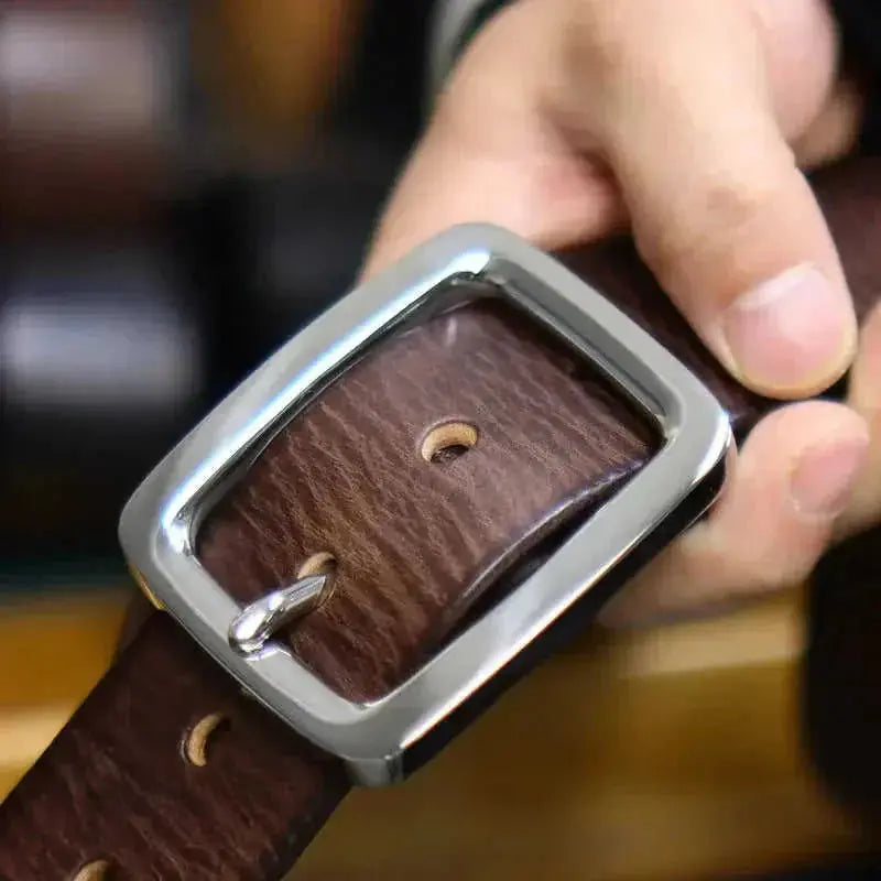 Retro Thick Pure Steel Hand-rub Color Men's Belt - side view (material: leather | color: black, brown)