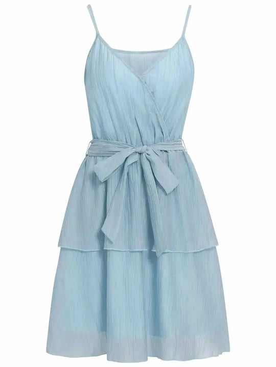 stretch fabric v-neck dress | adjustable waist strap dress | midi length summer dress | ultrasonic cleaning