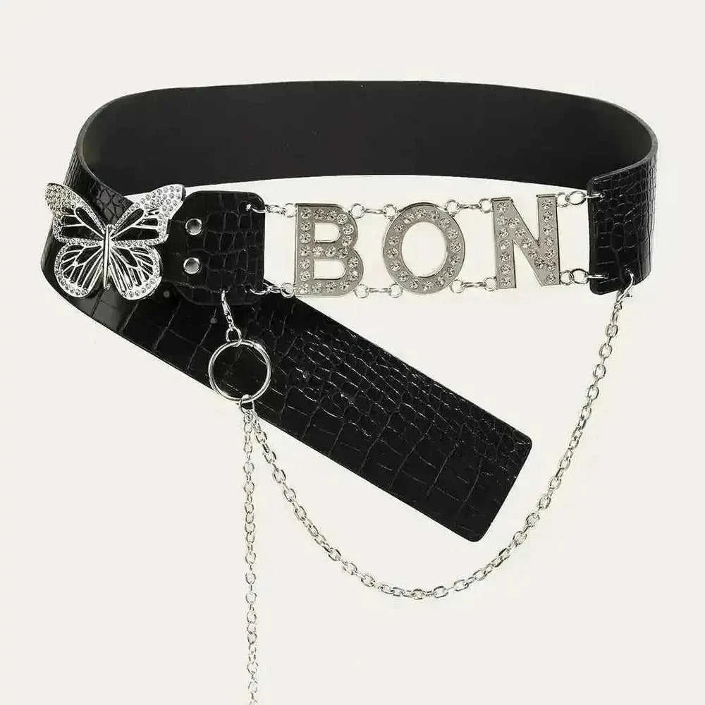 American Retro Decoration Butterfly Drill Buckle Personality Belt - back view (material: leather | color: pink | pattern:...