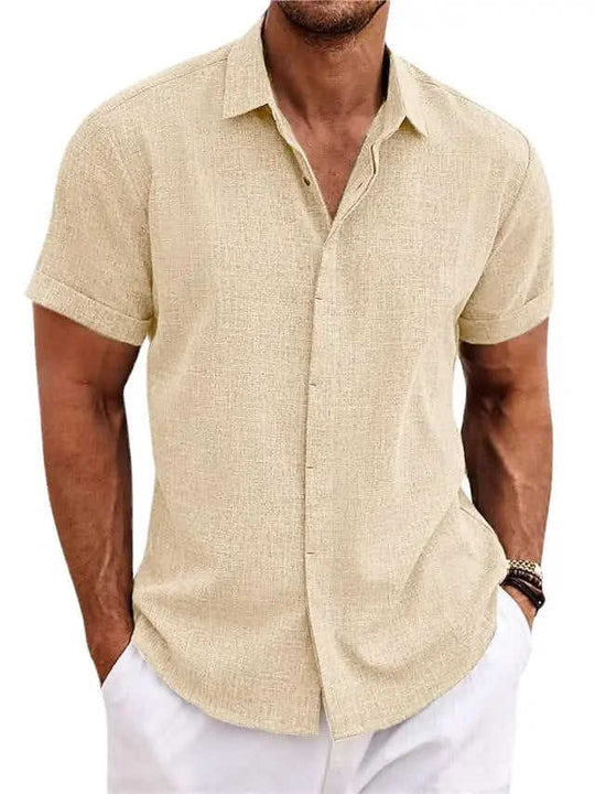 Men's Solid Color Loose Linen Short-sleeved T-shirt White - angle view with summer men's linen solid color short-sleeved s...