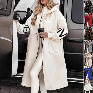 Hooded Windbreaker Long Jacket With Pockets And Drawstring Design Solid Color Knit-Sleeved Trench Coat For Women Clothing Fall Winter Meifu Market