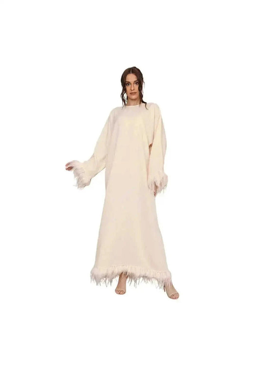 feather detail maxi dress | long sleeve round neck dress | lace-up back dress | ultrasonic cleaning