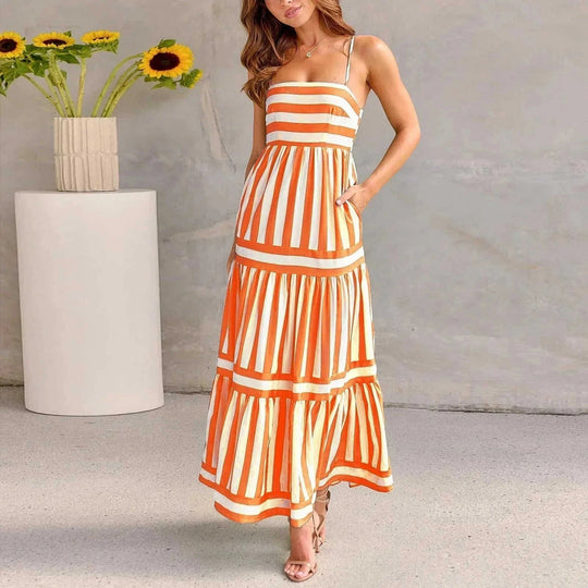 striped maxi dress with pockets | square neck backless dress | lightweight cotton blend dress | ultrasonic cleaning