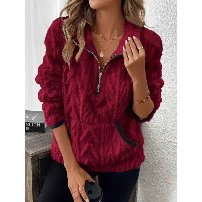 Contrast Color Half-open Collar Plush Women's Sweater Meifu Market