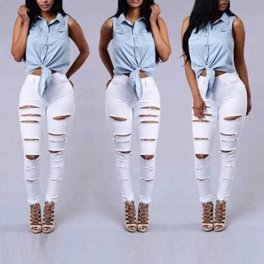 high-waisted ripped skinny jeans | distressed denim trousers for women | slim fit pencil pants | ultrasonic cleaning