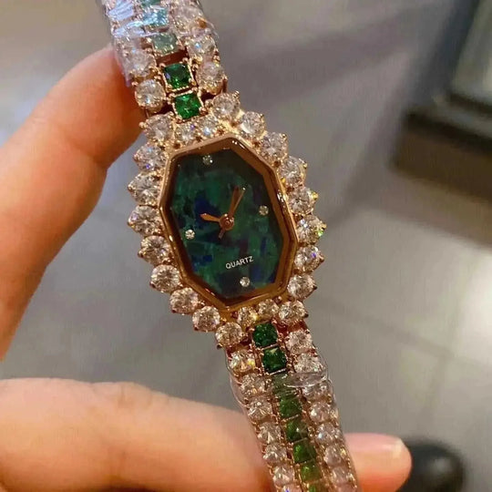 Dial Wine Barrel Type Full Diamond Green Watch Green - large dial wine barrel shaped watch front display