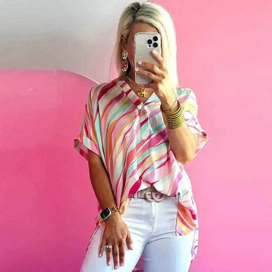 color blocking half sleeve top | polyester cotton blend | breathable fabric | energy saving