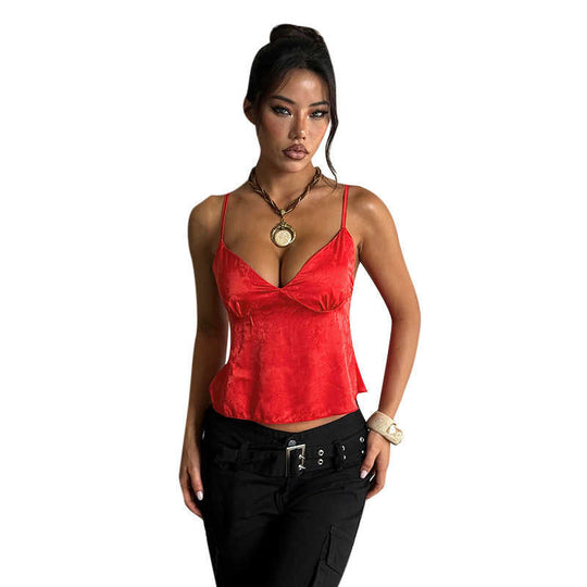 Women's Satin Jacquard V-Neck Slip Top | Floral Loose Tank - Meifu Market