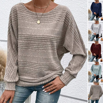 Solid Striped Batwing Sleeves T-shirt Fashion Casual Pullover Round Neck Long Sleeve Top Spring And Autumn Women's Clothing Meifu Market