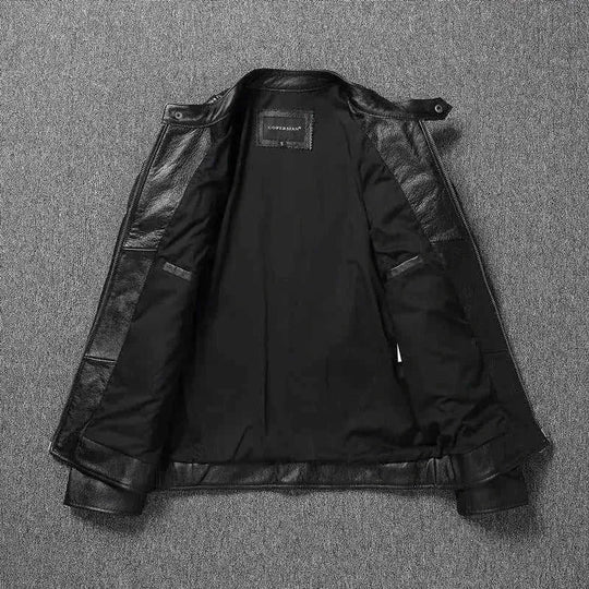 cowhide leather motorcycle jacket | genuine leather biker coat | stand collar leather jacket | ultrasonic cleaning