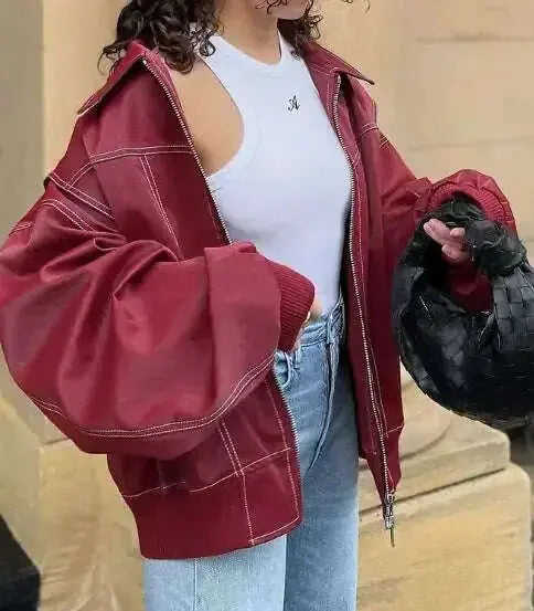 Loose Fashion Lapel Zip-up Jacket Cool Long Sleeve Zipper Closure Moto Biker Leather Jacket Womens Clothing Meifu Market