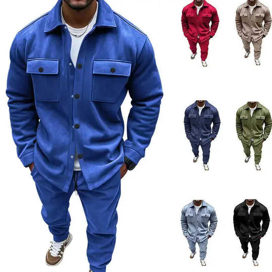 Men's Suede Solid Color Single-breasted Tooling Cardigan Two-piece Set Meifu Market