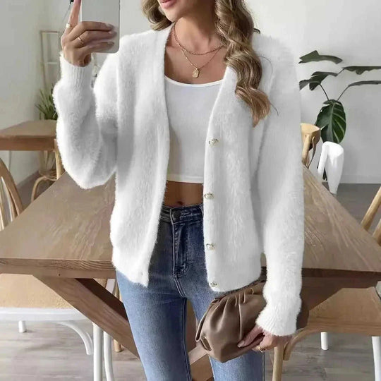 pearl buckle cardigan | four button sweater | woven knit fabric | ultrasonic cleaning