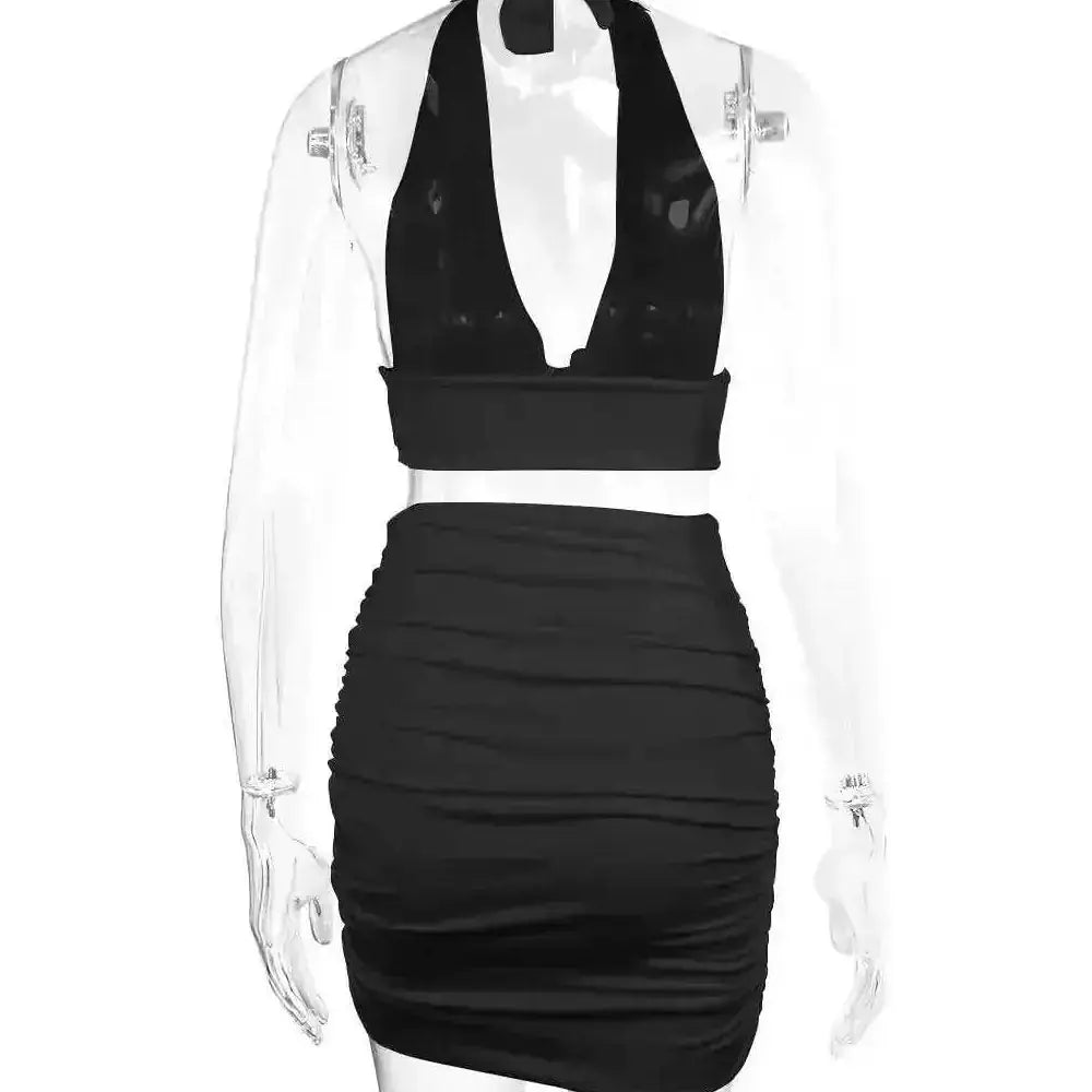 2pcs Dress Suits For Women Halter Lace-up Hip Top And Pleated Hip-covering Skirt - lifestyle (material: lace, polyester |...