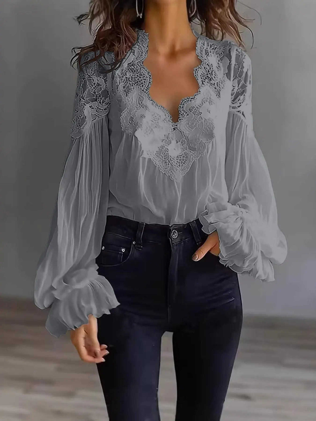Women's Lace-Panel Puff-Sleeve Pleated Shirt - Meifu Market