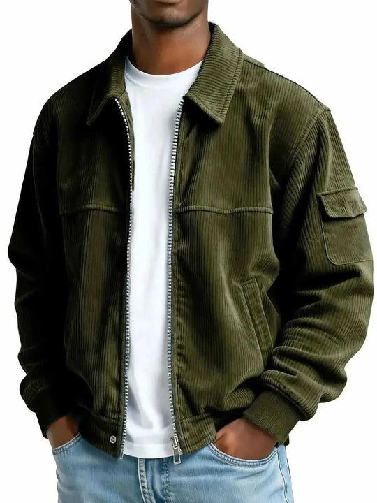 Men's Retro Corduroy Jacket - Casual Long Sleeve Pocket Coat Navy Blue - side view showing details