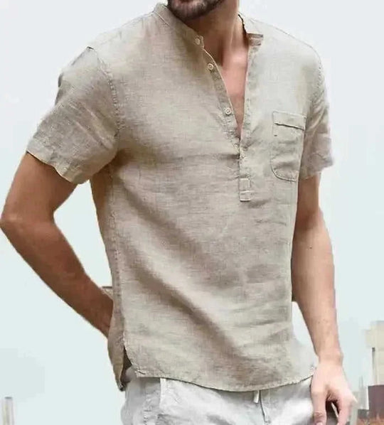 Casual Linen Solid Color Shirt Button V Neck Beach Shirt Men Summer Tops - Meifu Market