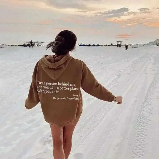 Dear Person Behind Me,the World Is A Better Place,with You In It,love,the Person In Front Of You,Women's Plush Letter Printed Kangaroo Pocket Drawstring Printed Hoodie Unisex Trendy Hoodies Meifu Market