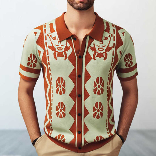 Jacquard Knit Lapel Polo — Men's Open Collar Smart Casual