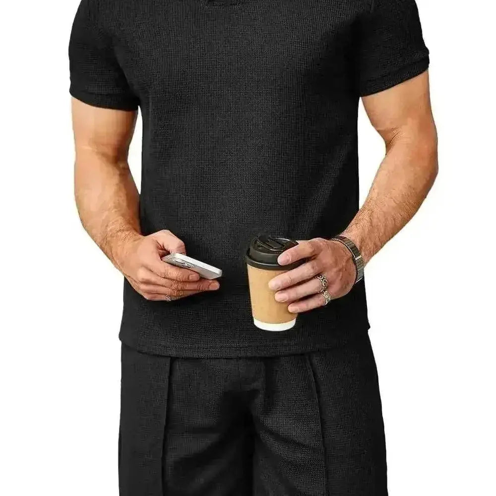 2pcs Set Men V Neck Polo Shirt Lapel Short Sleeve Men's Suit Waffle Style Casual Fashion T-Shirt Summer - back view...