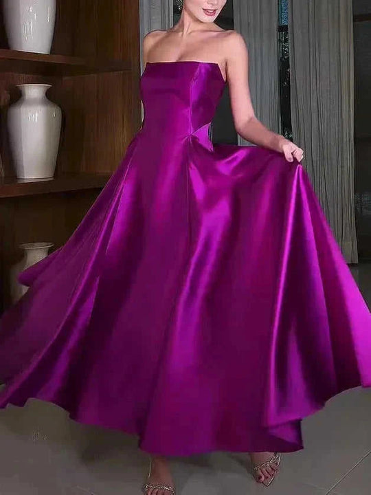 satin tube top dress | full skirt midi dress | stretchy satin fabric | ultrasonic cleaning
