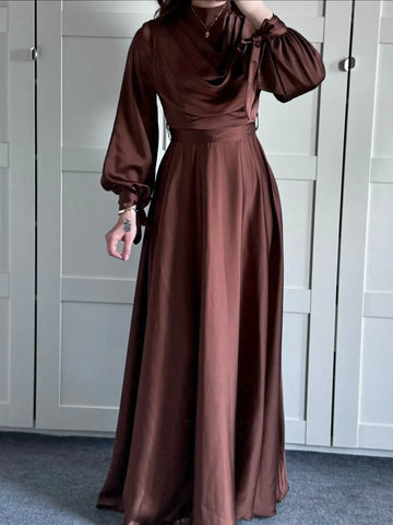 satin fabric maxi dress | plunge neckline long sleeve dress | strappy back evening gown | energy saving