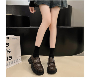 Women's Black Chunky Heel Leather Shoes British Style Meifu Market